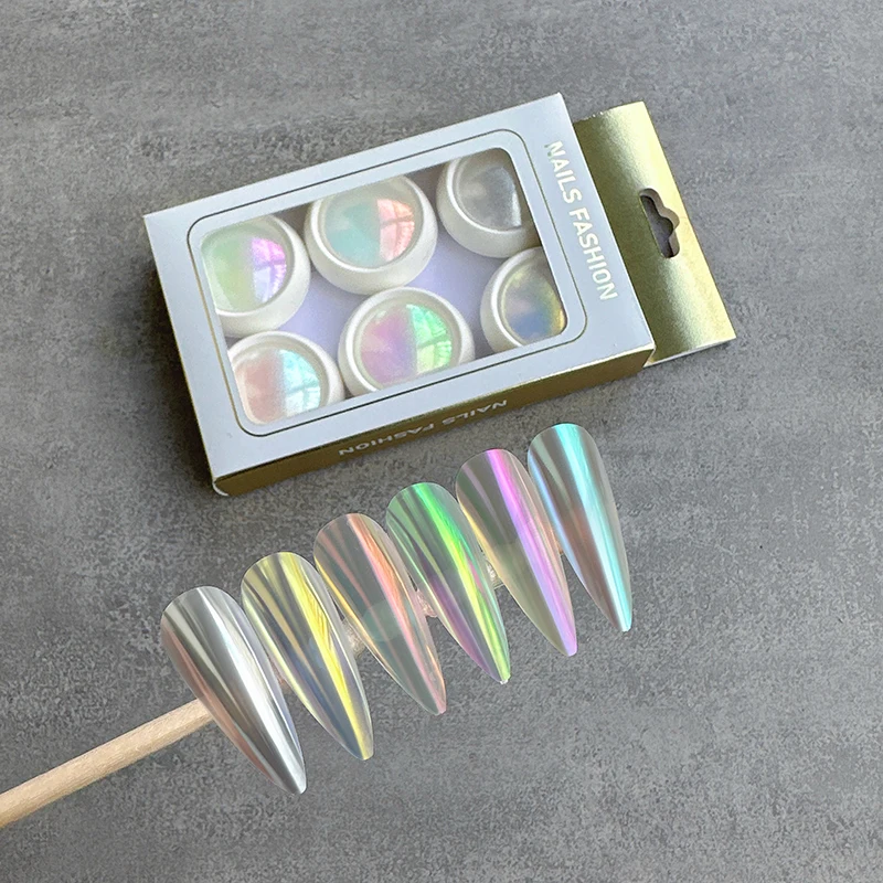 BOKO 6 Colors/Set Aurora Mirror Nail Glitter Powder Set Nail Fairy Rubbing Dust Chrome Pigment Manicure Decoration