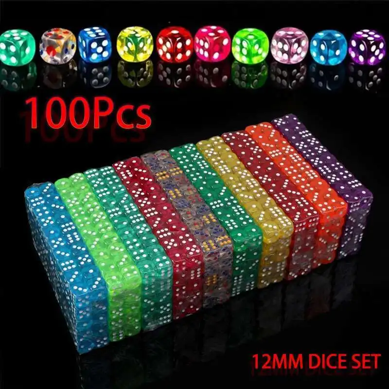 100PCS D6 Dice 12mm 6 Sided Multicolor Transparent Acrylic Rounded Edges Dice For Table