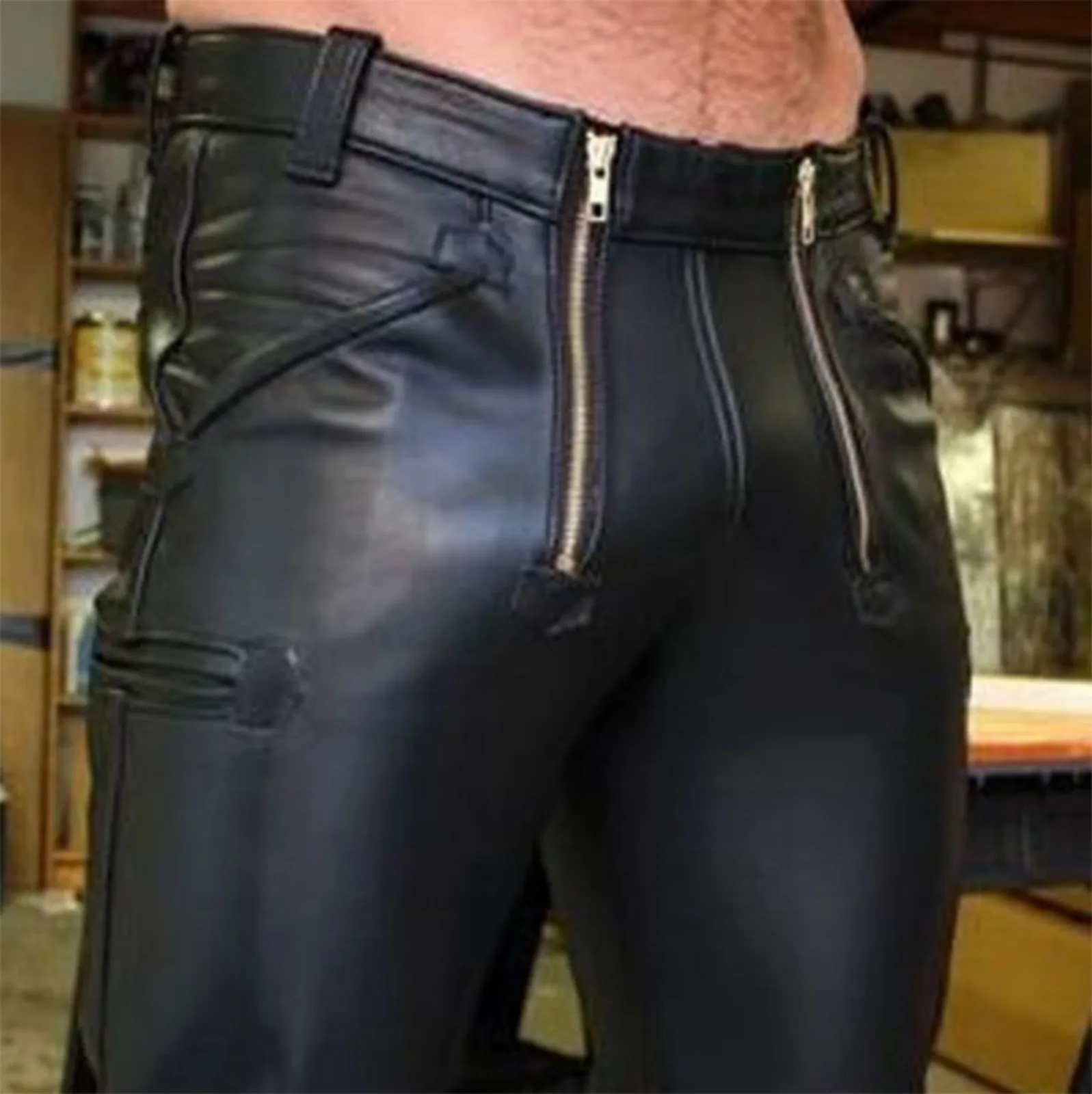 Men Latex Stretchy Leather Pants Slim PU Leather Skinny Pants Wet Look Tights Streetwear Trousers men trousers leather pants skinny pants
