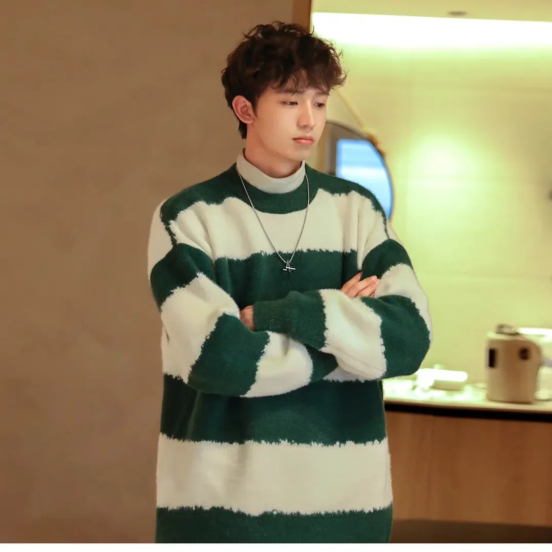 남성용 캐주얼 스타일리시 빈티지 니트 탑, 스트라이프 커플 풀오버, 겨울 홍콩 스타일, 캐주얼 패션, 2023 신상
