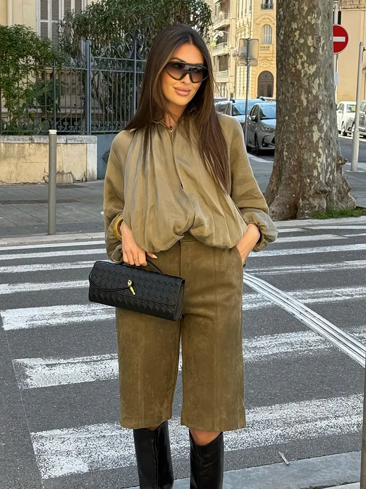 HH 2025 Women Casual Vintage Green Loose Coats Long Sleeve Zipper Bomber Jacket Autumn Female Fashion Streetwear Coat