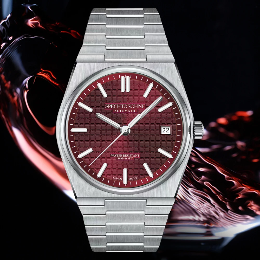 

New Arrivals 37MM Wine Red Specht&Sohne Automatic Mechanical Watches For Men Sapphire Crystal Stainless Steel 50M Waterproof