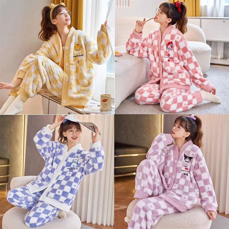 

Kawaii Sanrio Kuromi Anime Children Winter Plush Pajamas Warm Comfortable Cartoon Cute Pajamas Set Casual Thickened Home Clothes