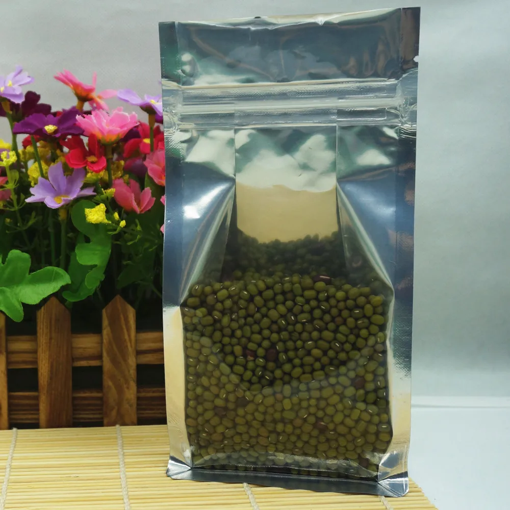 

Flat Bottom Standing Up Bag 50pcs Silvery Sides Gusset Aluminum Foil Zip Lock Bags with Clear Front Food Grade Snack Pack Pouch