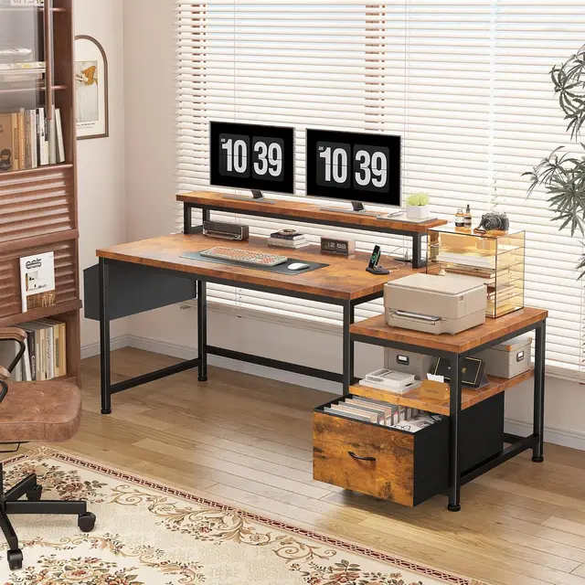 57" Office Desk with Drawers and Printer Space,Computer Desk with Power Outlets,Home Office Desks with File Drawers, Customized