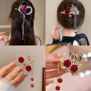 Red Rose Hair Clip Butterfly Hair Claw Twist Hairclip Women Hairpin Tassel Pill Head Ponytail Buckle Barrette Hair Accessories