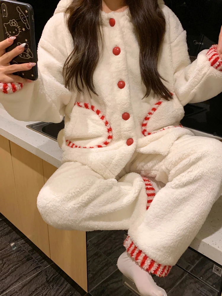 

Winter Sleepwear Coral Fleece Warm Kawaii Stripe Splicing Bear Ear Hooded Pajama Sets Suit Thickening 2 Piece Night Home Clothes