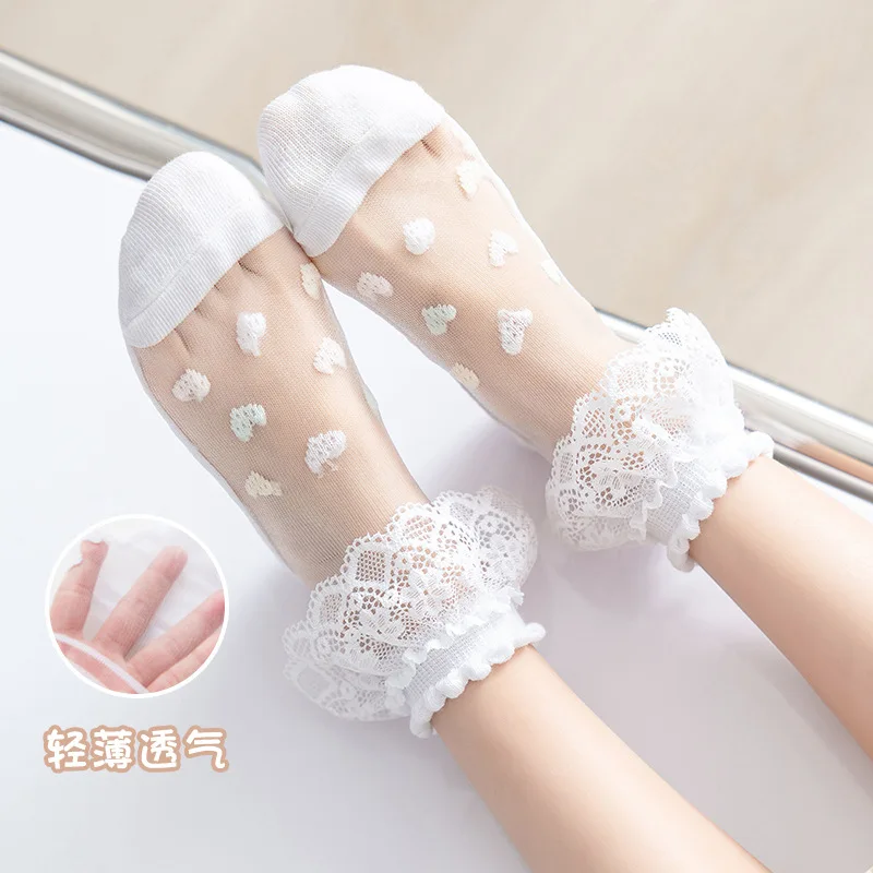5 Pairs/set 2022 New Summer Thin Mesh Cotton Silk Socks Princess Lace Ruffle Frilly Solid White Ankle Socks for Children Girls