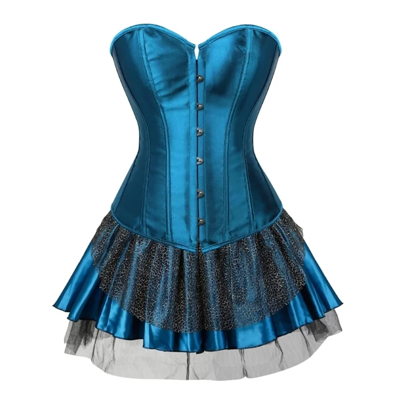 

Women Sexy Peacock Blue Corset Dress Vintage Satin Cincher Slim Fitting Lady's Corset Top with Mesh Mini Pleated Skirt Set