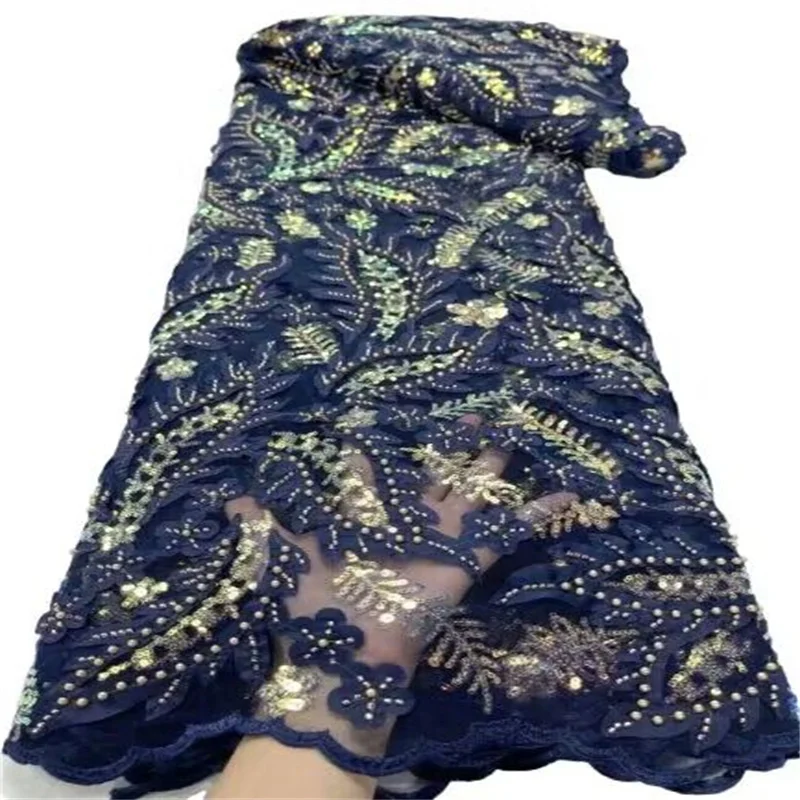 

Nigerian French Sequins Lace Fabric Hot Sale Handmade 2023 Blue Embroidered African Beaded Net Mesh Lace Fabric For Women Sewing