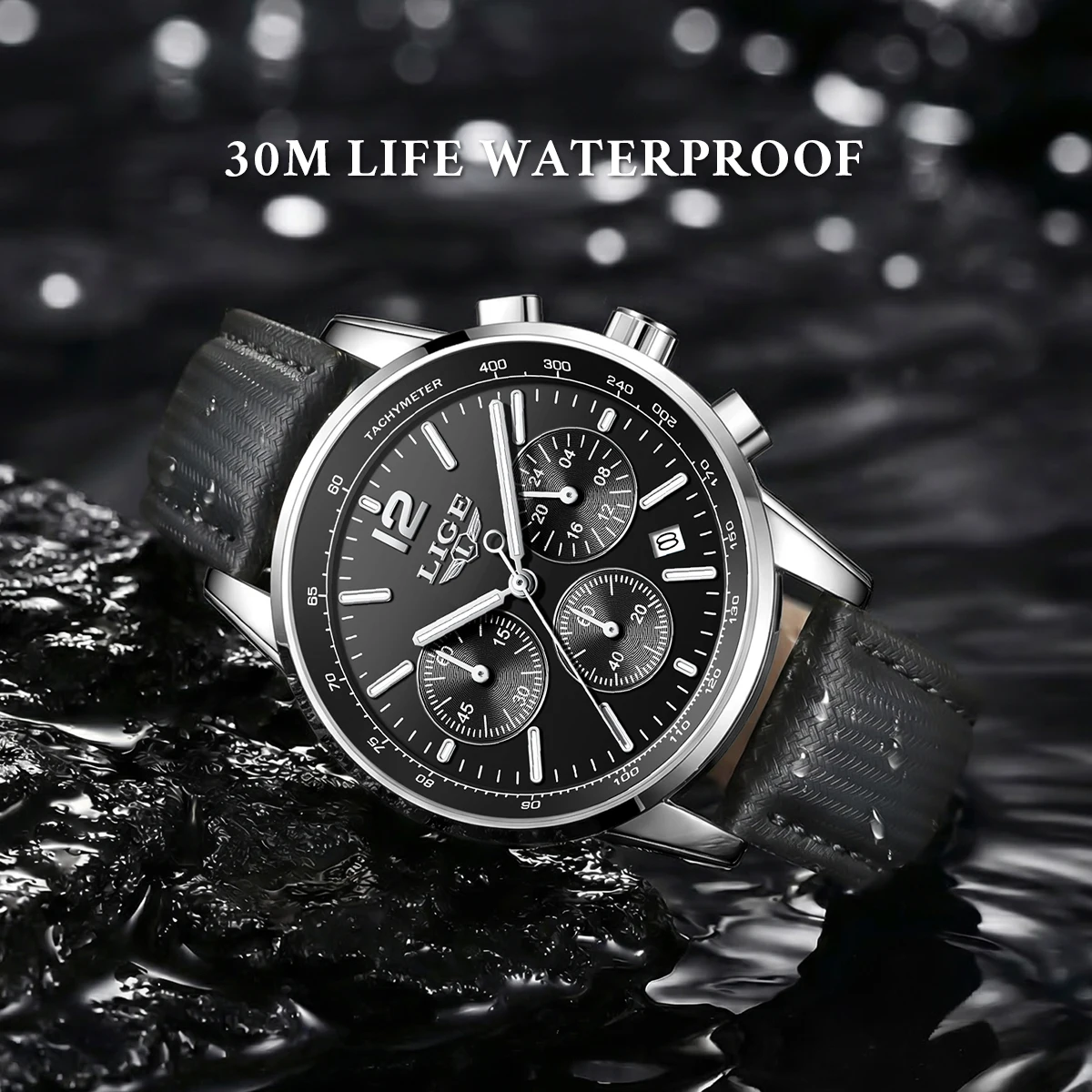 Luxury Men's Leather Watch - LIGE Chronograph Sport Waterproof with Gift Box