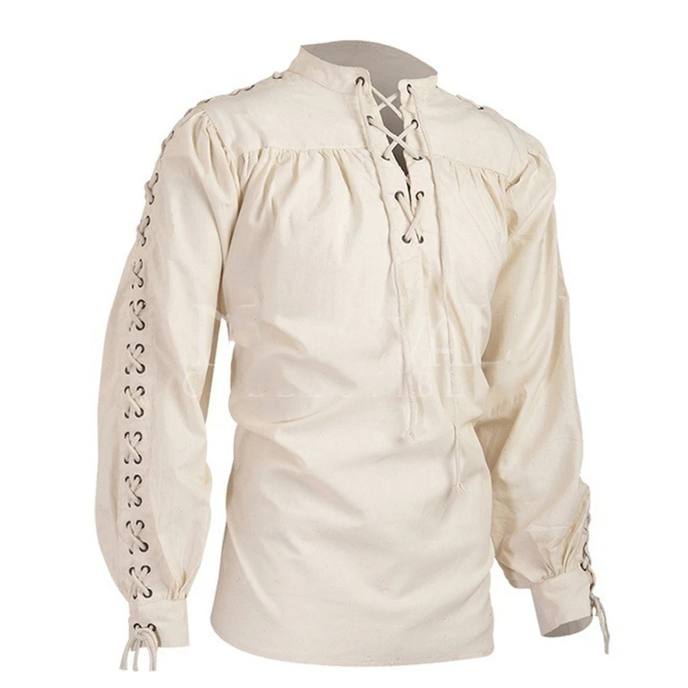 Camisas medievales para hombre, túnica, disfraz de pirata, ropa gótica para hombre, camisa vintage con escote con volantes y cordón, caballero, cosplay de Halloween