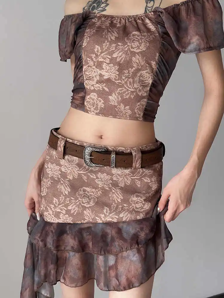 Leather Belt Womens Dress Belt Y2K subculture retro engraved waist belt women's rose pattern brown pants belt