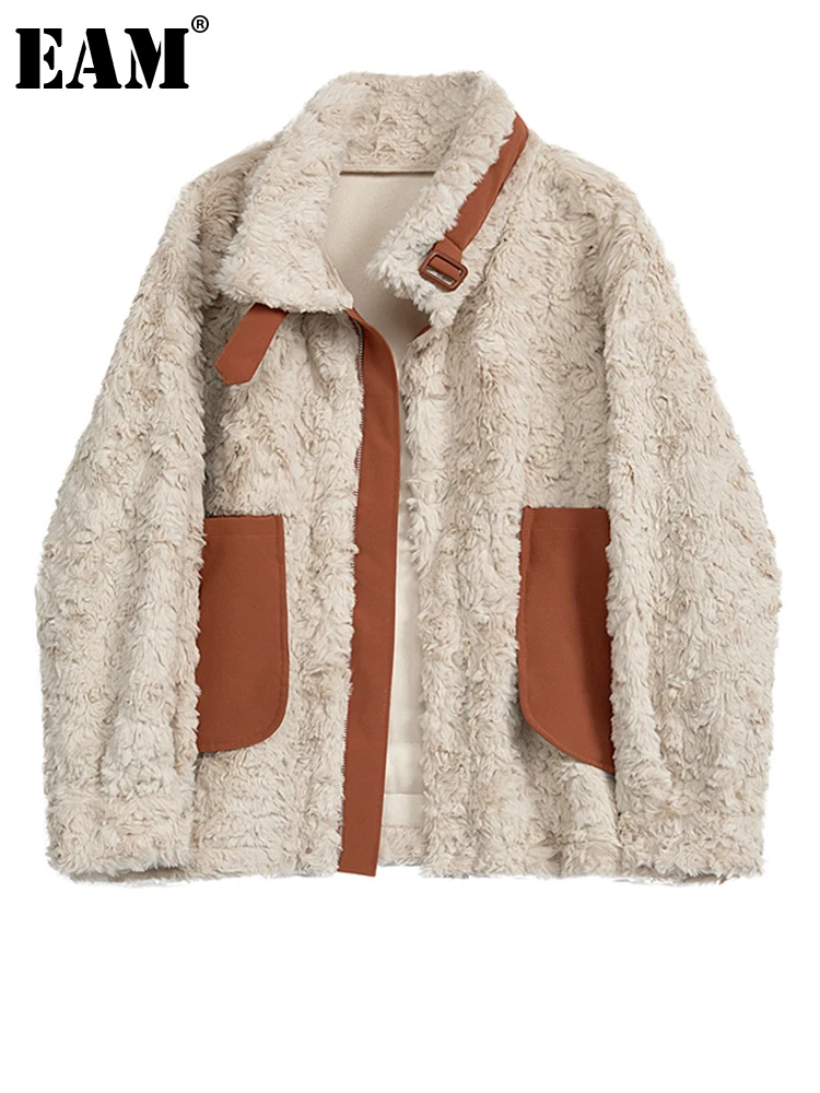 

[EAM] Beige Lambswool Big Size Thick Jacket New Stand Collar Long Sleeve Women Coat Fashion Tide Autumn Winter 2024 1DH3336