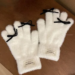 Soft Mink Fleece Winter Gloves Women Girls Cute bow Solid White Warm Plush Knitted Full Finger Glove Screentouch Wrist Mittens