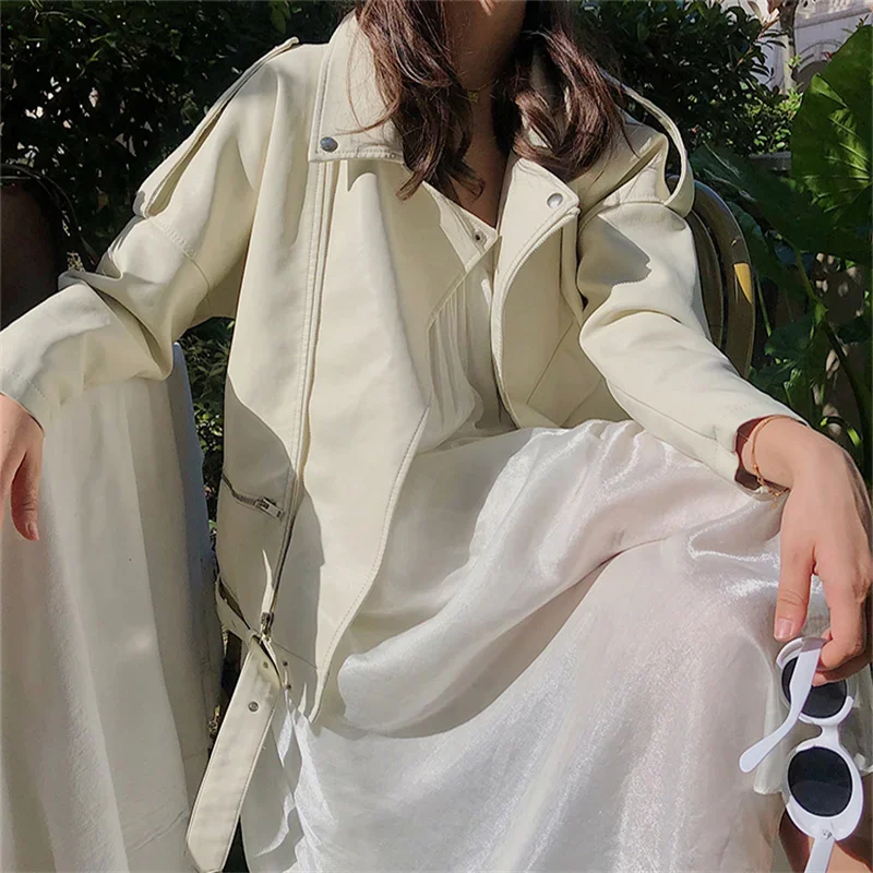 

Motorcycle Overcoat Spring Autumn Women Faux Soft Leather Loose Jacket Coat Female Punk