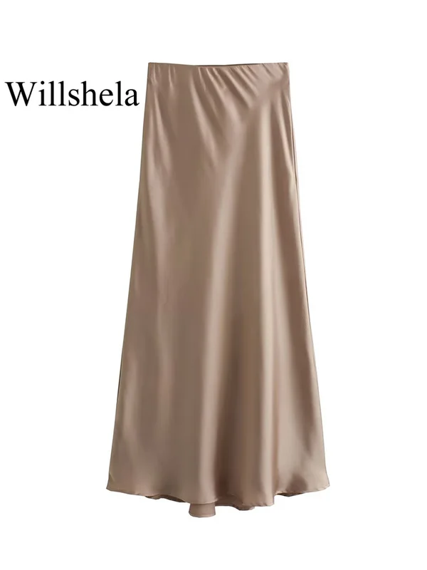 Willshela Black Satin Skirt Woman High Waist Elegant Long Skirts Midi Office...