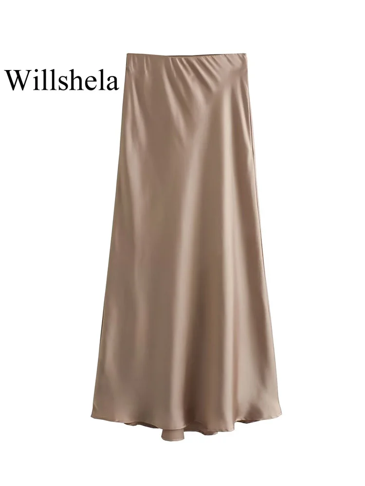 Willshela Women Fashion Satin Solid Pleated Midi Skirt Vintage Mid Elastic Waist Female Chic Lady Skirts 4