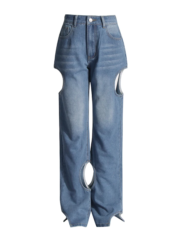 TWOTWINSTYLE Solid Streetwear Hollow Out Denim Pant For Women High Waist Patchwork Zipper Designer Wide Leg Pants Female Style