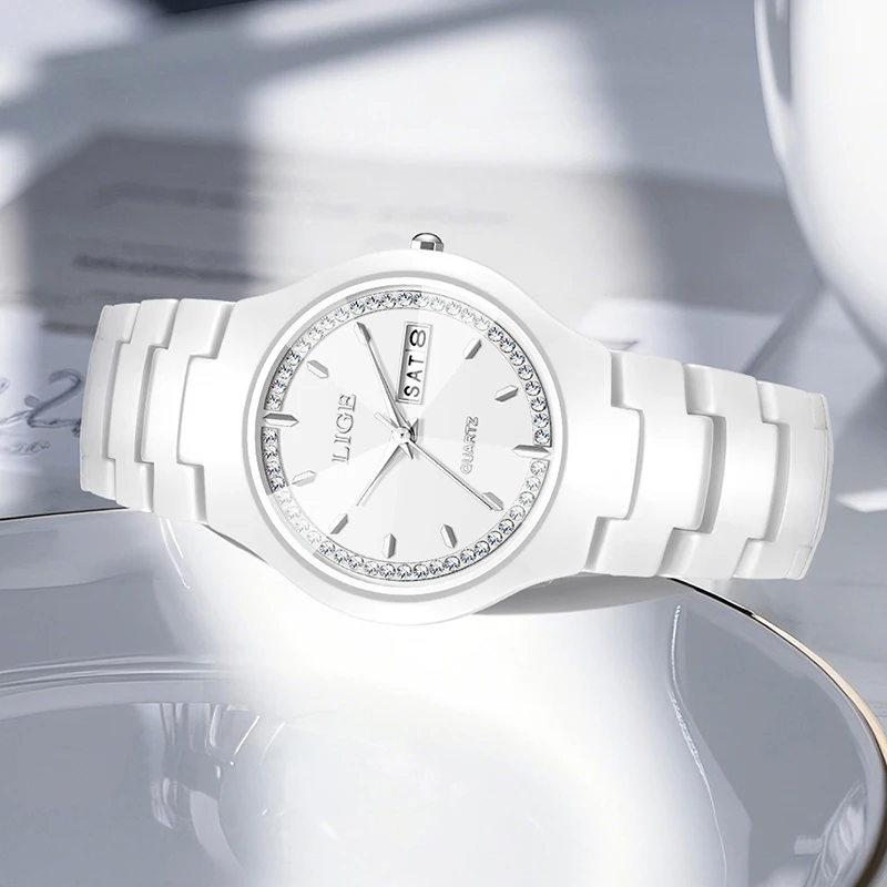 LIGE Fashion Waterproof Women's Watch Casual Elegant Simple Ceramic Quartz Silicone Watch Gift for Women Wristwatch Montre Femme