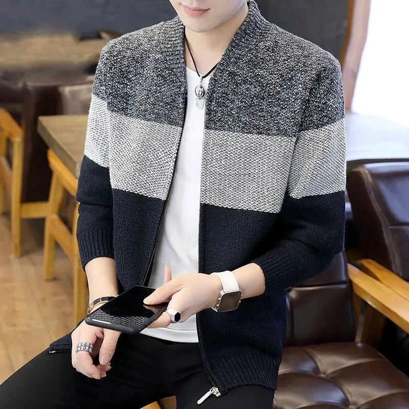 New Men's Clothing Knitted Stand Collar Long Sleeve Thick Autumn Winter Loose Fashion Casual Contrast Color Sweaters Cardigan