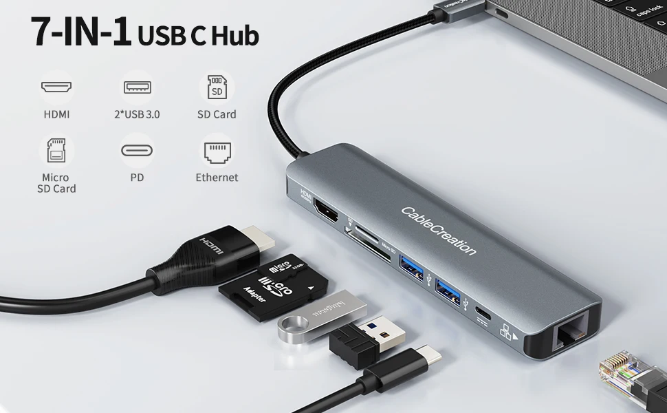 7 em 1, Adaptador USB C, RJ45,