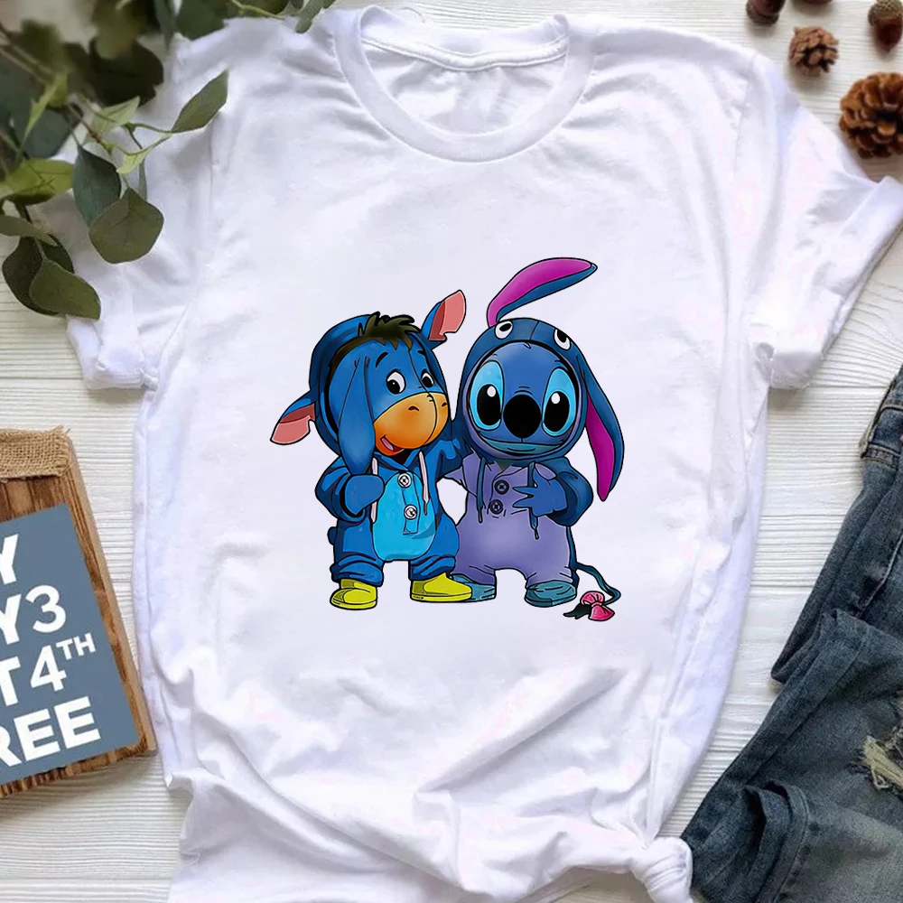 Cute Stitch And Eeyore Women Tshirts Disney Cartoon Kawaii Girls