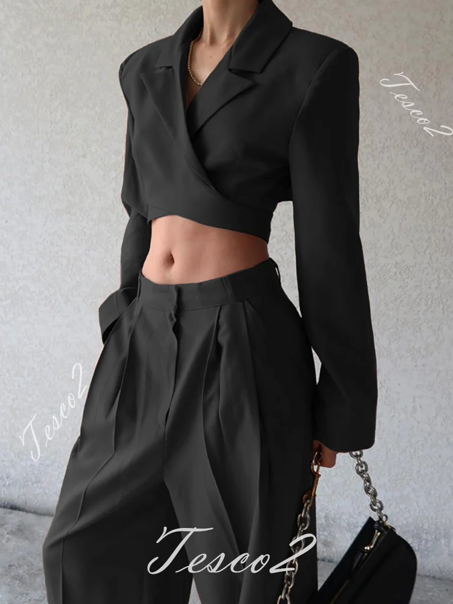 Tesco Trendy Pantsuit For Women Spring Short Crop Top+High Waist Wide Leg Pants Casual Blazer With Lace-up Women Chic Outfits