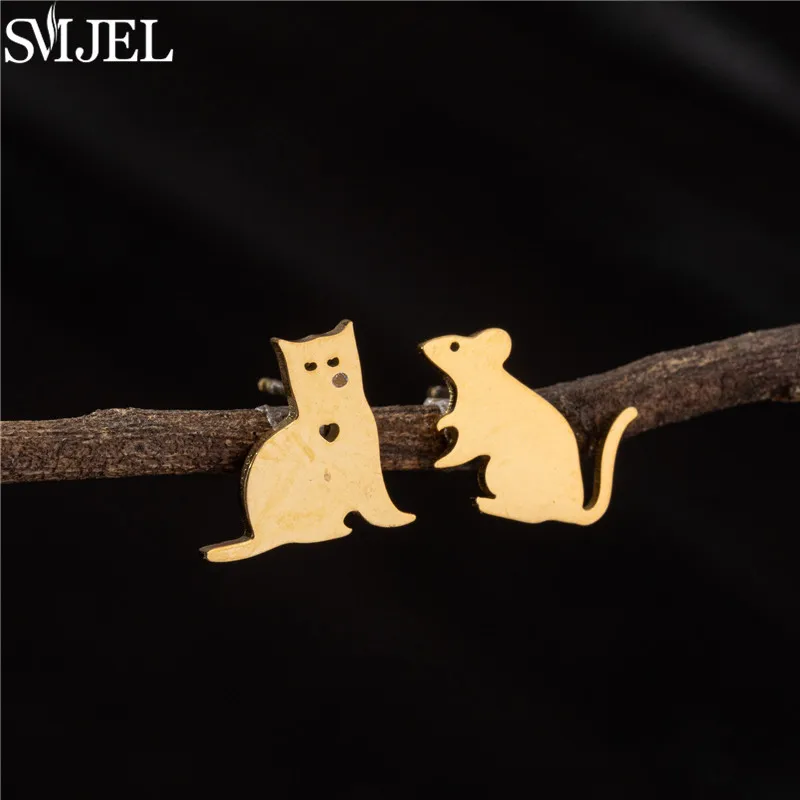 SMJEL Mini-Tier-Ohrringe aus Edelstahl, kleine Hunde-Ohrstecker für Frauen, Cartoon-Katzen-Maus-Ohrringe, Modeschmuck, Brincos Mujer – Detail 6