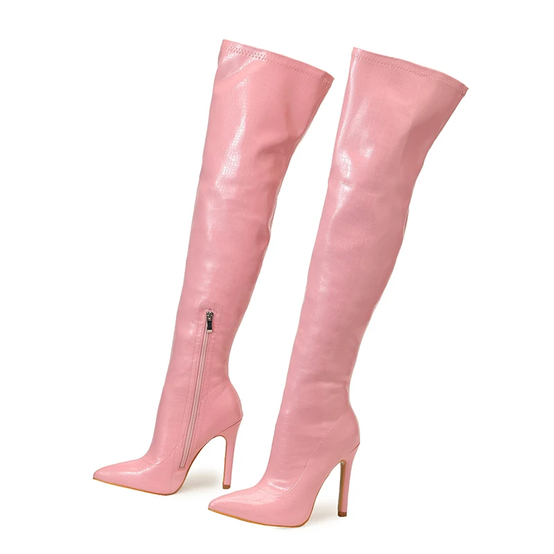 Winter Slim Stone Grain Women's Boots Shoes Over Knee Boots Patent Leather Side Zipper Solid Color Long Tube Stiletto High Heels