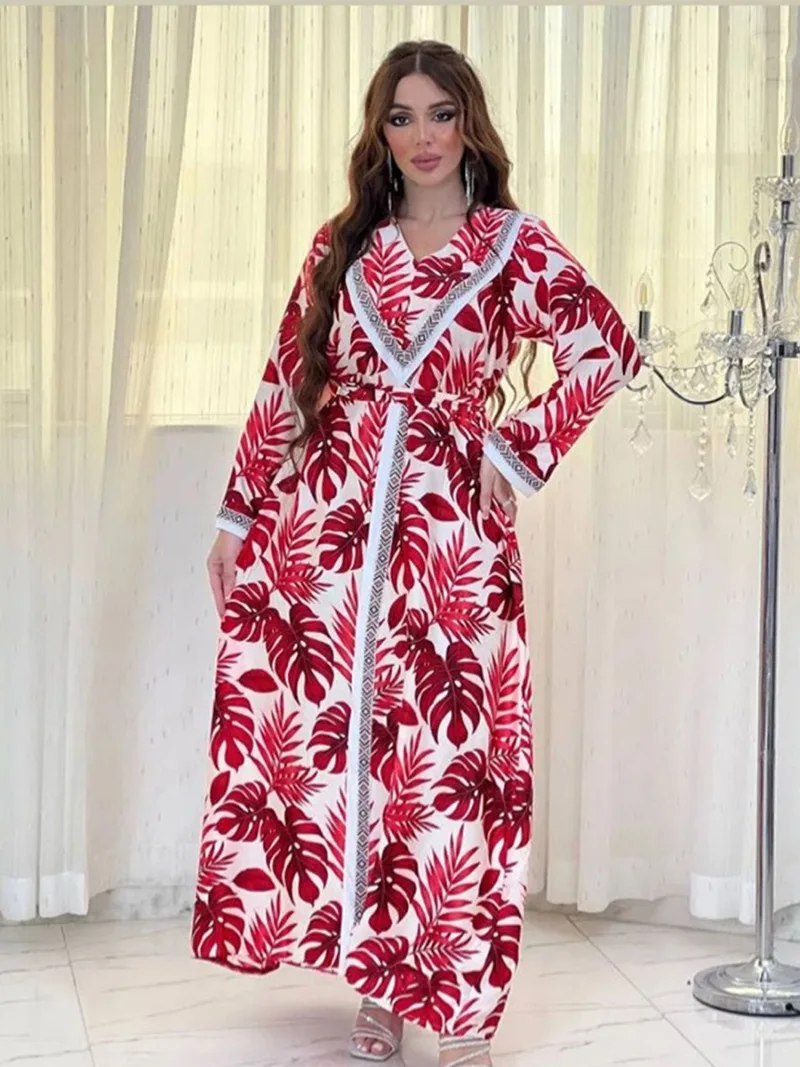 Fashion Long Dresses Muslim Abayas For Women Full Sleeve V-Neck Belted Clothing Turkey Robe Moroccan Caftan Female