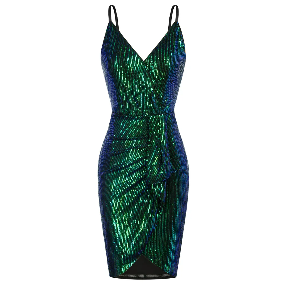 GRACE KARIN Abito da donna senza maniche con paillettes scollo a V a vita alta elegante abito da sera 2 pezzi maxi abito con cardigan in chiffon, Verde scuro, 46
