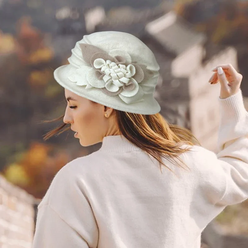 Autumn Winter Hats for Women New Classic Simple Wool Lamb Bucket Warm Ceremonial Hat Vinatge Chinese Knot Flowers Mom Hat - 3