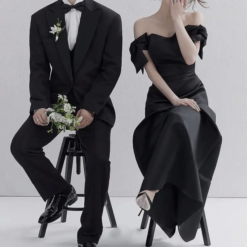 Sweet Bow Off The Shoulder Wedding Dresses Satin Black Evening Dress Elegant Floor-length A Line Simple Bridal Dress Customized 3