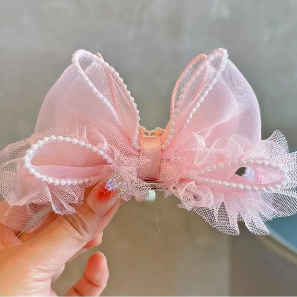 공주님 폼폼 헤어핀 핑크 다이아몬드 리본 헤어 클립 어린이용 오리발 클립 여아 스쿨 헤어그립 헤어 장식 선물