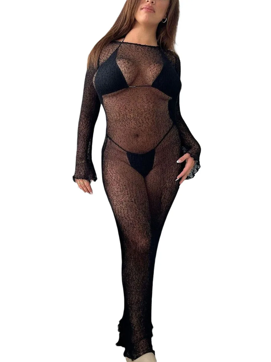 

Women Hollow-Out Slim-Fit Dress See Though Cover Up Dress Sheer Mesh Bikini Coverups Dress Beachwear