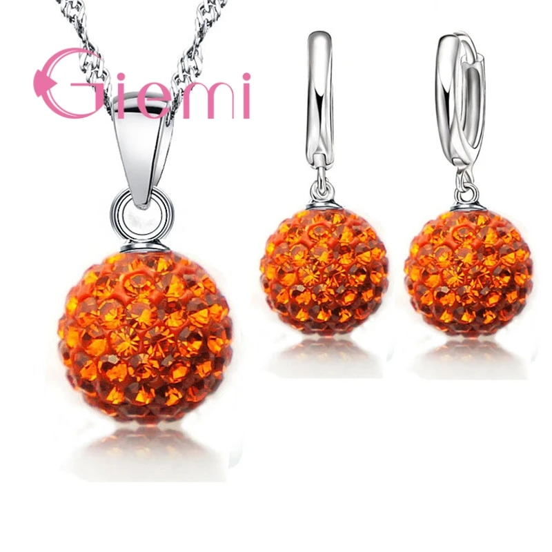 Jewelry Set 925 Sterling Silver Austrian Crystal Ball Lever Back Earring Pendant Necklace for Woman