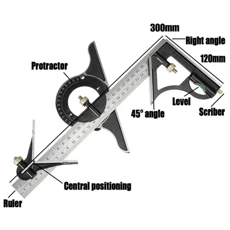 Square Right Angle Ruler Protractor Movable Square Woodworking Angle Ruler Stainless Steel Measuring Tools Multi Combination Set 4