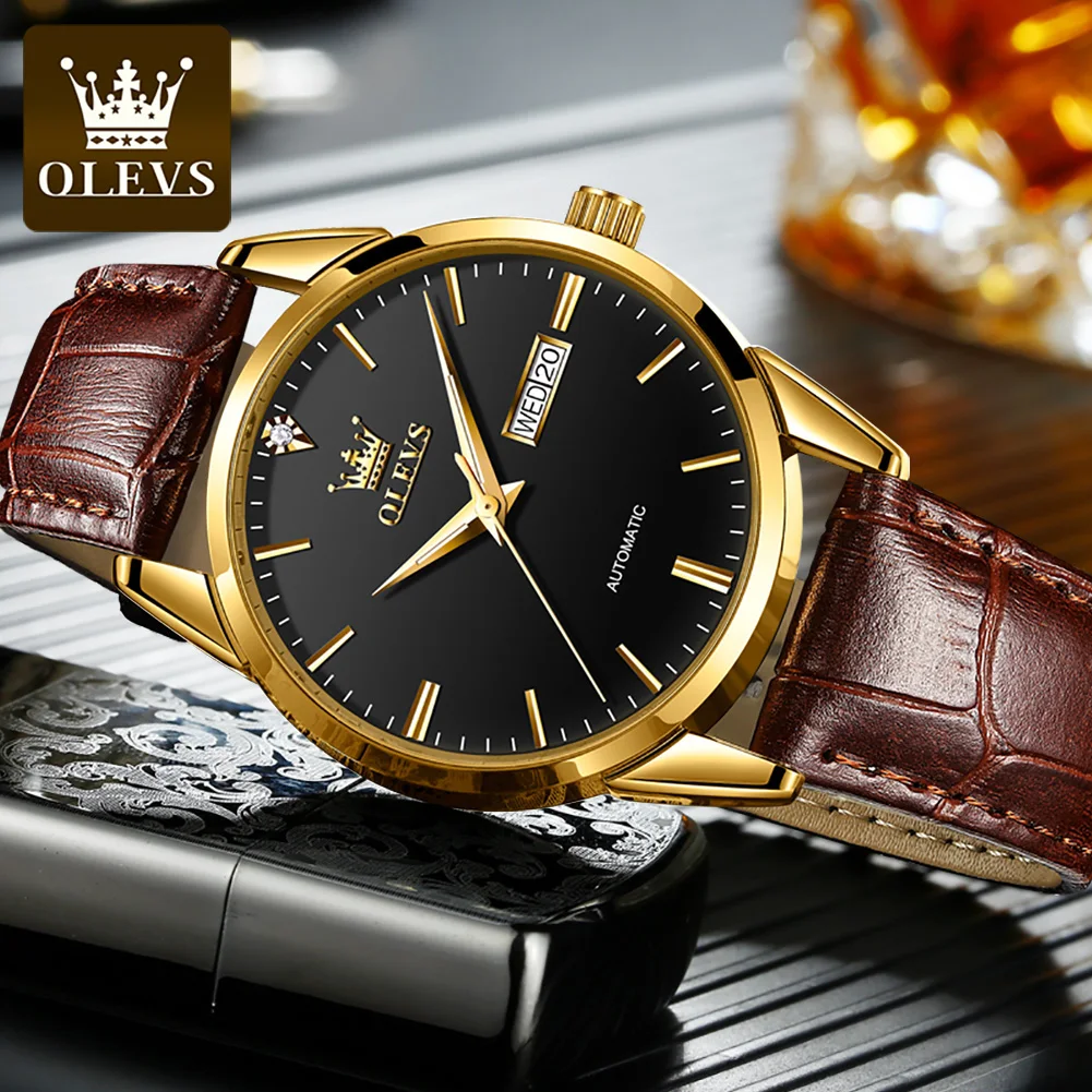 OLEVS Business Mens Mechanical Watch for Men Leather Waterproof Automatic Mens Watches Top Brand Luxury Clock Reloj Hombre
