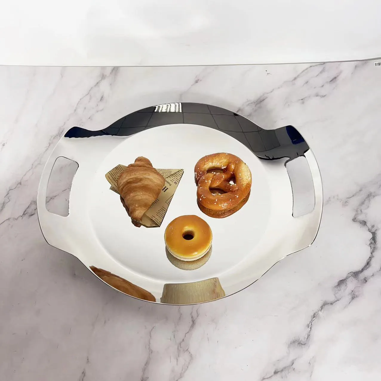 Stainless steel 304 round handle hotel tray western food plate light luxury household wine set dessert plate 4