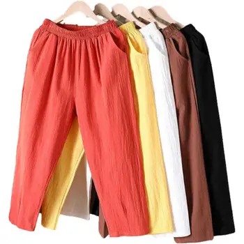 Pantalones de lino y algodón con cintura elástica para mujer, pantalón informal, holgado, Harem, de verano