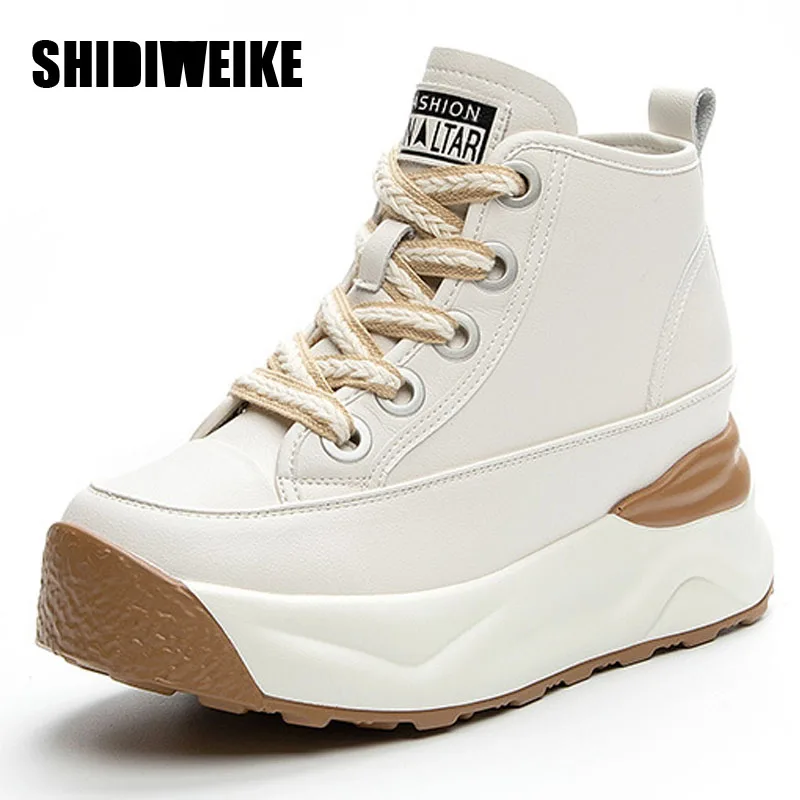 

8CM Autumn Winter Genuine Leather Women's Boots High-Top Sneakers Lace Up Fashion Increased Women Platform Casual Shoes Sneakers