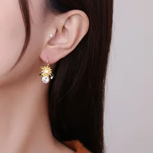 Delicate Daisy Sunflower Pendant Hoop Earrings For Women Shiny Zircon Flower Hanging Earrings Girl Wedding Party Jewelry Gifts 
