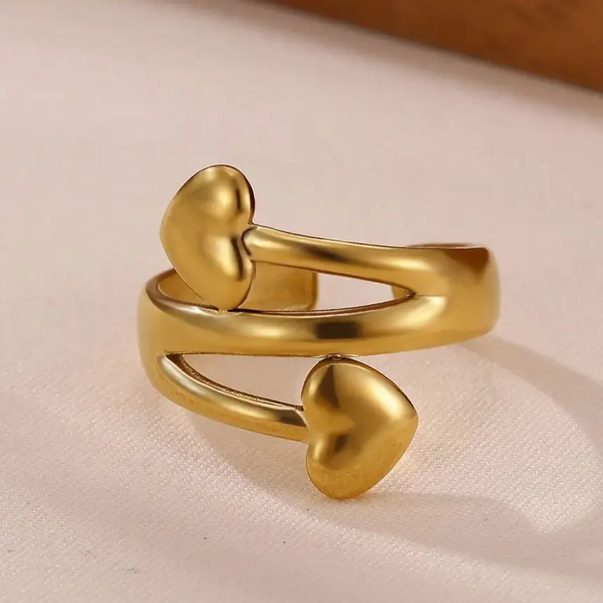 Heart Arrow Rings for Women Gold Stainless Steel Double Heart Adjustable Ring