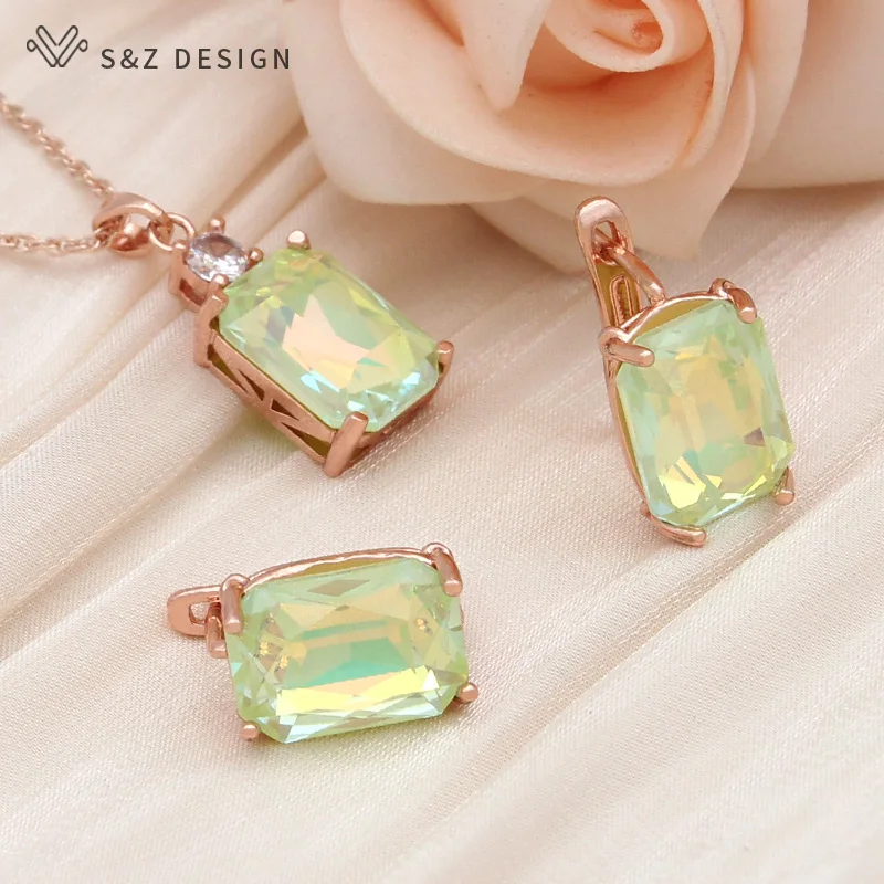 S&Z DESIGN New Fashion Colorful Rectangle Crystal Dangle Earrings Jewelry Sets For Women Wedding 585 Rose Gold Color Necklace