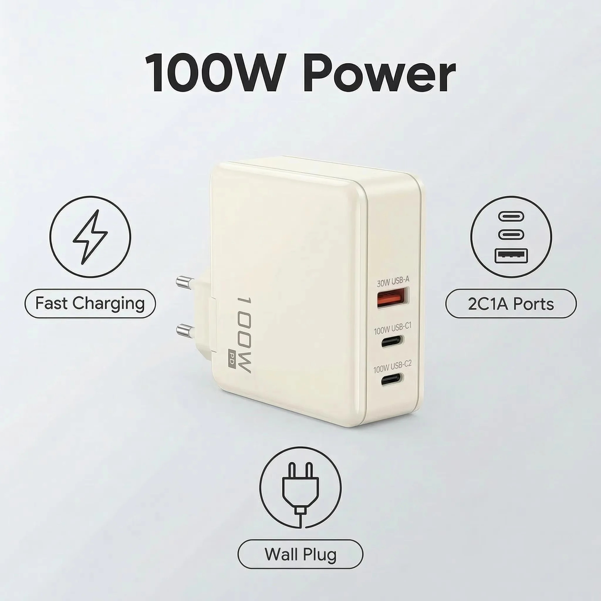 100W GaN Wall Charger 3-Port (2C1A) PD Fast Charging Station EU Plug Power Adapter for iPhone Samsung Laptop