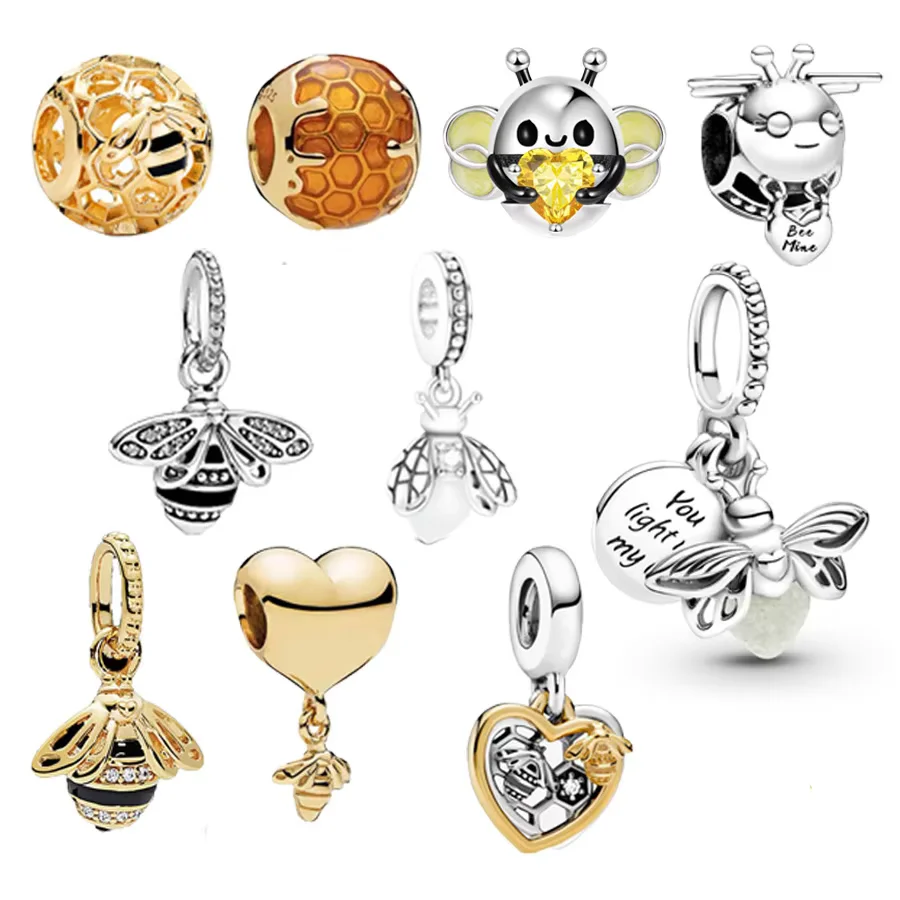 Gold Lovely Bee Beads for 925 Sterling Silver Charm Bracelet Necklace Glow at night Firefly Pendant DIY Jewelry