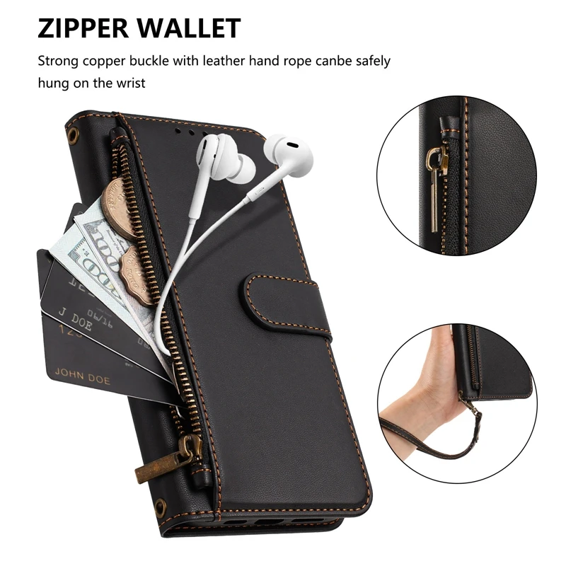 Premium Zipper Flip Wallet Case with Card Slots and Bag Compartments
