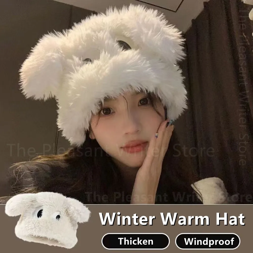 

Cartoon Plush Beanies Winter Ear Protection Cap Fluffy Fur Warm Headgear For Korean Girl Earmuffs Hat Long Ear Funny Bonnet