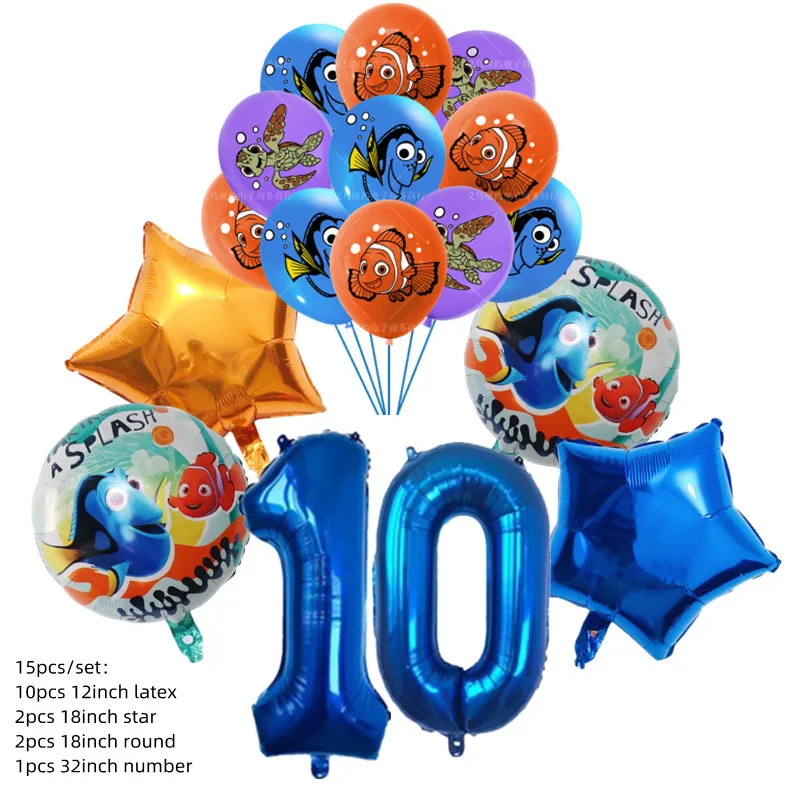 thumbnail image 1 of 15 piezas de globos de aluminio de Buscando a Nemo, globos con números para cumpleaños de niños, suministros de decoración para fiestas, dibujos animados de pez Dory, juguete para baby shower, decorac, 1 of 5